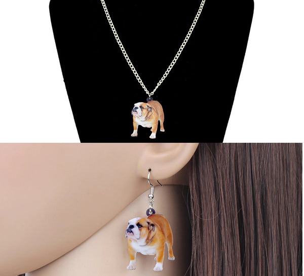 Bulldog Jewelry - Bulldog Necklace- Bulldog Art - Bulldog Earrings - Bulldog Jewelry Set- FREE Shipping