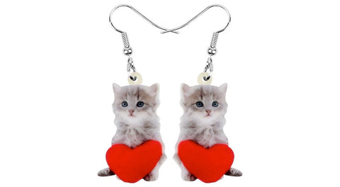 Cat with Heart Jewelry - Cat Necklace- Cat Art - Cat Earrings - Cat Jewelry FREE Shipping